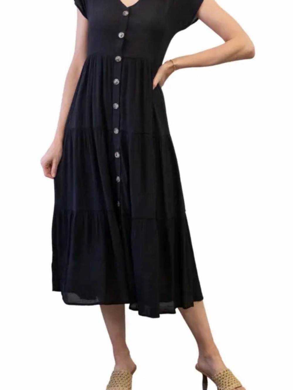 Blu Pepper Black Button-Front Tiered Midi Dress
